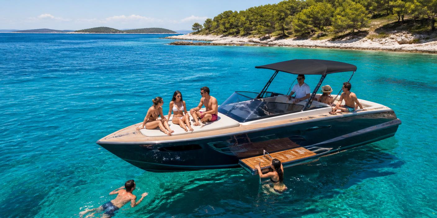 Friends swimming from a skippered boat in clear turquoise water near the Pakleni Islands