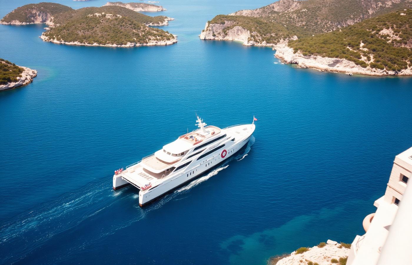 A catamaran ferry crossing the deep blue Adriatic between Dalmatian islands