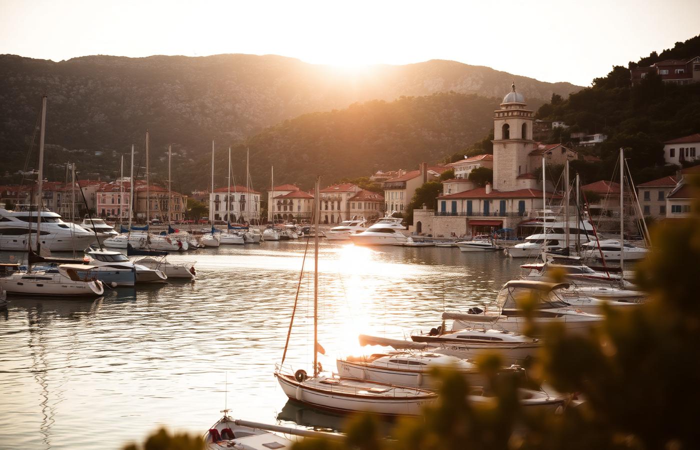 Hvar town harbour at golden hour with yachts and a stone bell tower