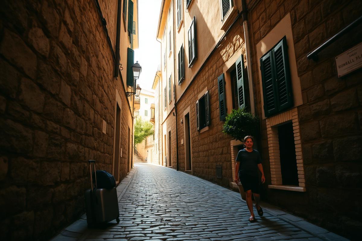 Narrow cobblestone old town street with a small carry-on suitcase