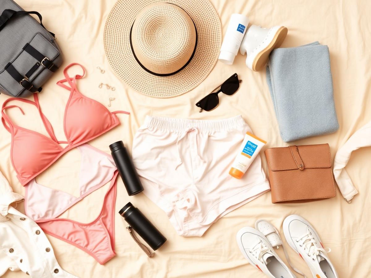 Flat lay of swimwear, sun hat, water shoes, sunscreen, water bottle, fan and sneakers