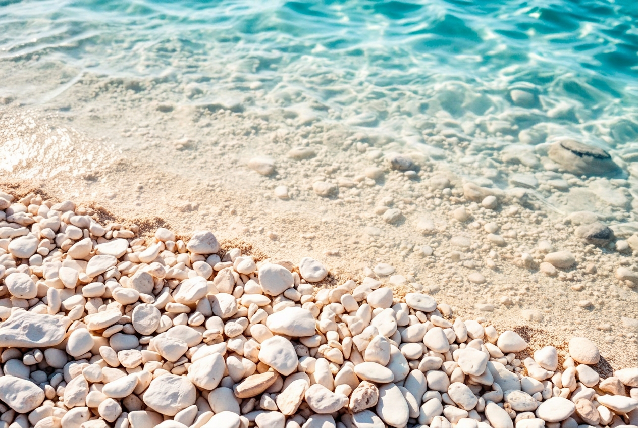 Pebble beach with clear turquoise water and a pair of water shoes on the stones